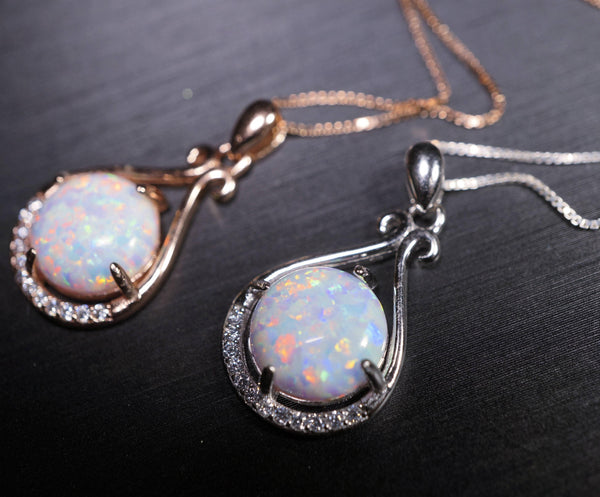 Rose Gold Opal Necklace, Sterling Silver Box Chain Round 10mm White Opal Necklace - Large High Quality Flash Opal Jewelry #123