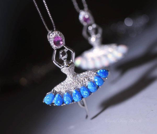 Opal Necklace - sterling silver - Sim Gemstone - 18KGP - White Blue Opal Pendant - Ballerina Ballet Dancing Girl - Dancer Jewelry #832