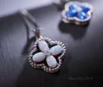 Opal Necklace, Opal Pendant, Opal Jewelry, Four Leaf Clover Sterling Silver White Opal Delicate Minimalist Blue Opal Flower #125