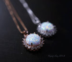 Rose Gold Opal Necklace Gemstone Halo Sunflower White Opal Pendant Sterling Silver Princess Diana Style Jewelry #209