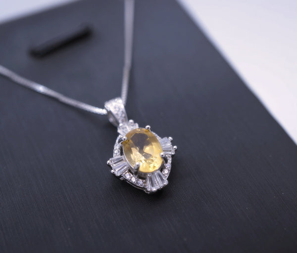 Sterling Silver Natural Citrine Necklace 1.5 CT Genuine Pendant Diamond Halo White Gold plated Dainty Royal Luxury