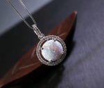 Opal Necklace - Large White Opal Gemstone Halo Circle Round 10mm 18KGP @ Sterling Silver Fire Opal #202