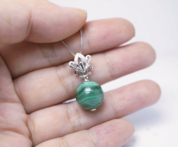 Genuine Green Malachite Necklace - Full 925 Sterling Silver Flower Natural Malachite Pendant - Heart Chakra Healing