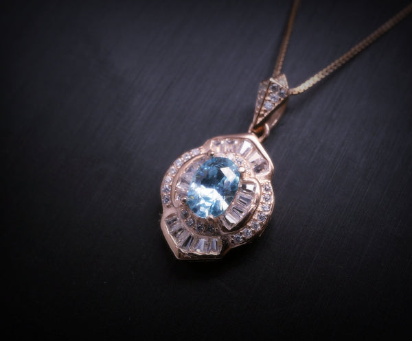 Aquamarine Necklace - 18KGP @ Sterling Silver - Blue Aquamarine Jewelry Rose gold Spiritual flower petal Pendant #500