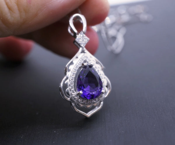 Genuine Amethyst Necklace, Purple Gemstone Flower Pendant White Gold coated Sterling Silver Natural Teardrop Amethyst Jewelry #711
