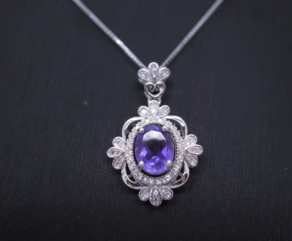 Natural Amethyst Necklace Sterling Silver - Gemstone Flower Of Life , Genuine Purple Gemstone 18KGP February Birthstone #540