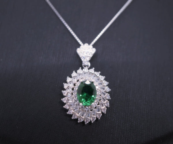 Triple Gemstone Halo Emerald Necklace - 18KGP @ Sterling Silver - Oval Cut 1.5 CT Green Emerald Pendant #713