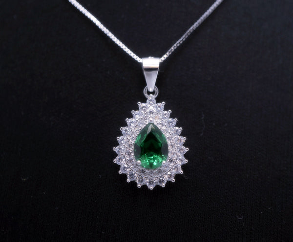 Double Halo Teardrop Emerald Necklace - 18kgp @ Sterling Silver - 1.2 CT Pear Cut Dainty Emerald Pendant #367