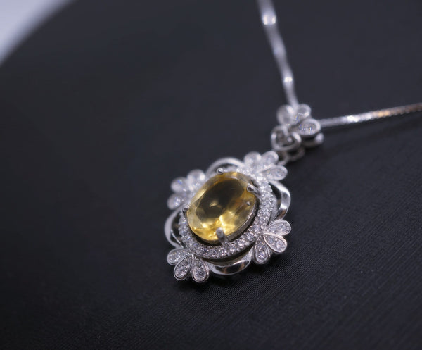 Genuine Citrine Necklace Sterling Silver Flower 2.1 CT Yellow Gemstone Pendant November Birthstone 18kgp #716