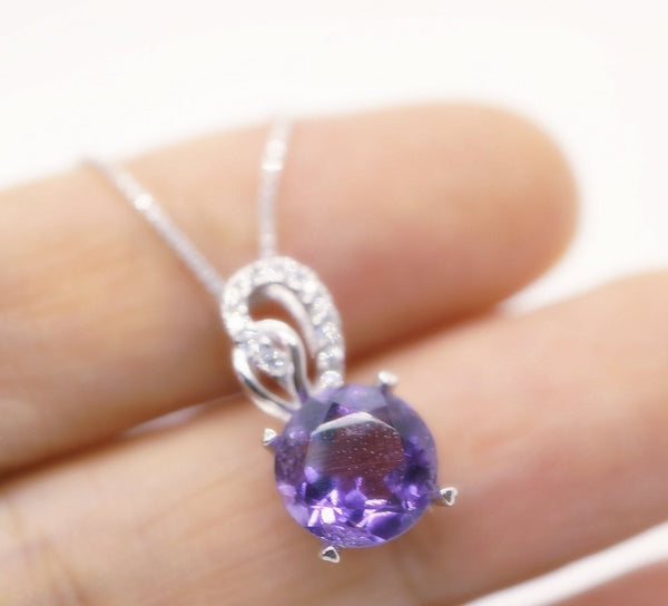 Genuine Amethyst Necklace - Sterling Silver - 8 mm 2 CT Round Solitaire - Natural Amethyst Pendant #263