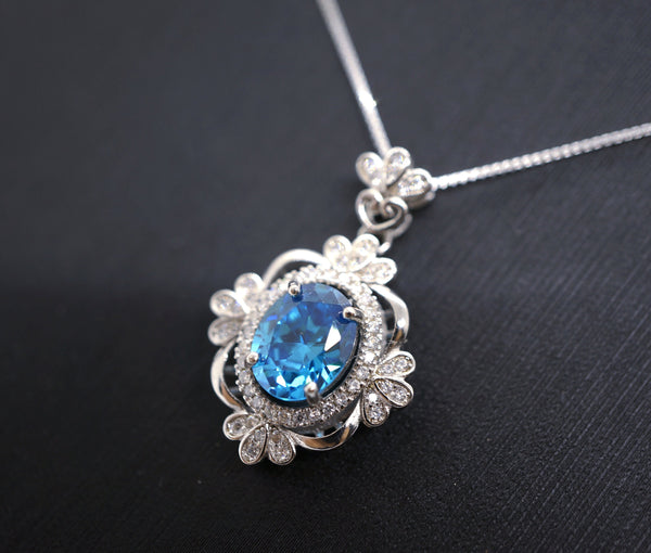 Large Blue Topaz Necklace - Sterling Silver Gemstone Victoria Flower Solitaire Blue Topaz Pendant #627