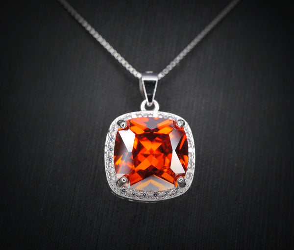Sterling Silver Sunstone Necklace Red Orange Tangerine Spessartite Garnet Jewelry Square Cushion Cut Orange Sapphire Pendant #375