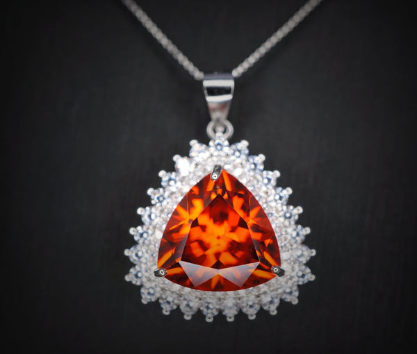 Large Sunstone Necklace - Gemstone Trillion Sun Stone Pendant Triangle Sterling Silver 10 CT Red Orange Gemstone Jewelry #835