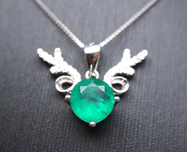 Emerald Necklace - Sterling Silver Deer Antler Necklace - 18kGP - 8 MM 2 CT Round Cut Green Emerald Jewelry #460