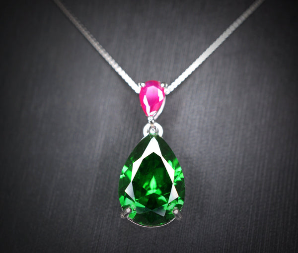 Teardrop Diopside Necklace Sterling Silver 5 CT Green Pendant 18k White Gold Plated Tiny Pear Ruby Jewelry May Birthstone #778