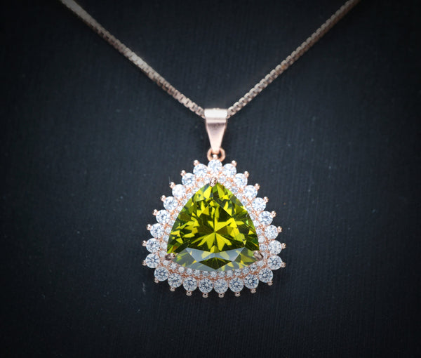 Large Triangle Green Peridot Necklace - Rose Gold Coated Sterling Silver High Quality Trillion Cut 8 CT Peridot Pendant #727