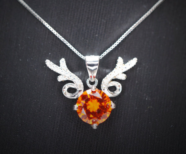 Orange Sunstone Necklace - High Quality Sterling Silver 2 CT Red Orange Spessartite Garnet Deer Antler Necklace #273