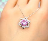 Pink Tourmaline Necklace Gemstone David Star Pendant Sterling Silver White Gold Plated - Solitaire 8 mm Round Pink Tourmaline Jewelry #434