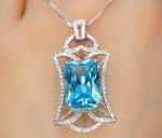 9 CT Blue Topaz Necklace - Gemstone Royal Flower Pendant - 18KGP @ Sterling Silver Radiant Rectangle Swiss Blue Topaz Jewelry #836