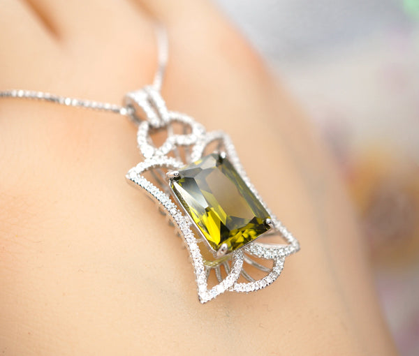 9 CT Large Peridot Necklace - Gemstone Royal Flower Pendant - 18kgp @ Sterling Sliver - Rectangle Radiant Peridot Jewelry #725