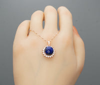 Genuine Lapis Lazuli Necklace Rose Gold Coated Sterling Silver Round Halo Solitaire Princess Diana Style Third Eye Healing Lapis Pendant 373