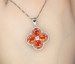 Red Orange Sunstone Necklace - Four leaf clover Tangerine Orange Sapphire Pendant - Sterling Silver Spessartite Garnet Jewelry 046