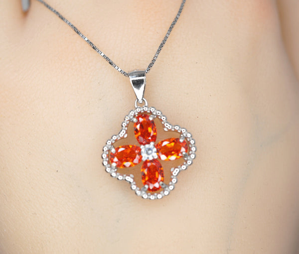Red Orange Sunstone Necklace - Four leaf clover Tangerine Orange Sapphire Pendant - Sterling Silver Spessartite Garnet Jewelry 046