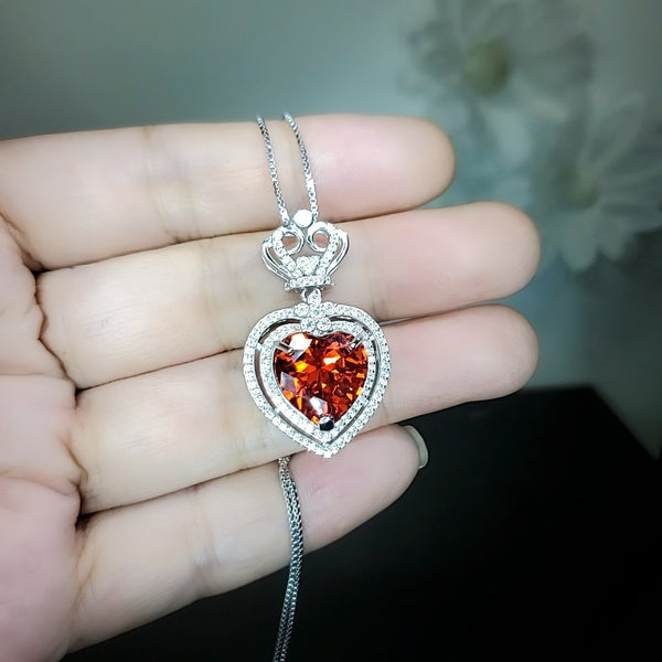 Large Double Halo Heart Sunstone Necklace Diamond Red Orange Jewelry Royal Crown 7 CT Manmade Synthetic pendant 18KGP @ Sterling Silver 801