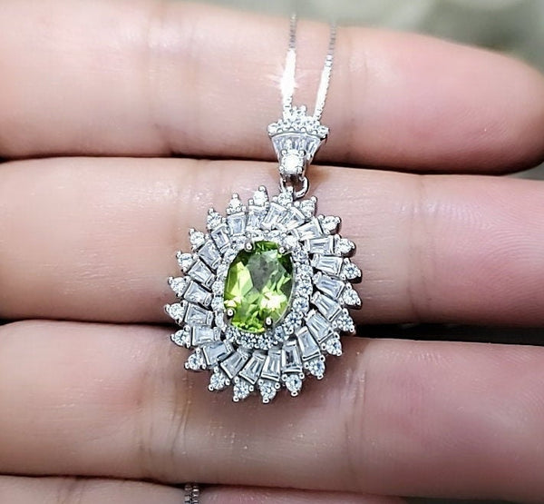 Natural Peridot Necklace - 18KGP Sterling Silver - 1.5 Ct Triple Gemstone Halo - Genuine Green Peridot Pendant #842