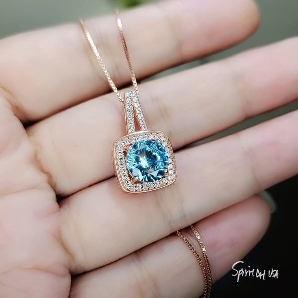 Round Aquamarine Necklace - Rose Gold Square Blue Stone Pendant - Solitaire 8 mm Blue Aquamarine Jewelry #140