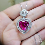 Pink Sapphire Heart Necklace 18KGP @ 925 Sterling Silver - Large 7 CT Fuchsia Heart - Royal Crown - Double Halo Large Pink Sapphire #841