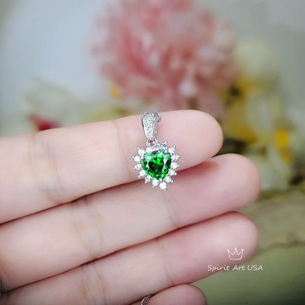 Gemstone Heart Green Diopside Necklace, Sterling Silver White Gold Coated Tiny Minimalist Halo Green Diopside Pendant 032