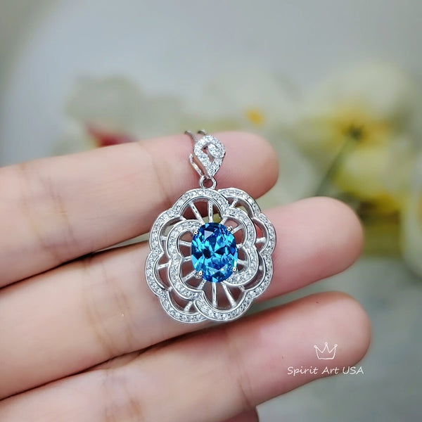 Gemstone Peony Blue Topaz Necklace, 2.1 CT Blue Gemstone Pendant White Gold plated Sterling Silver Flower Jewelry #556