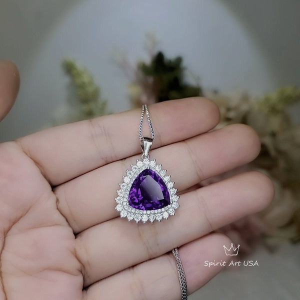 Large Genuine Trillion Amethyst Necklace, Layered 7 CT Triangle Halo Solitaire Purple, Natural Amethyst Pendant #981