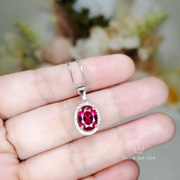 Gemstone Halo Ruby Necklace 2 CT Oval Solitaire Red Ruby Pendant Sterling Silver White Gold plated July Birthstone #164