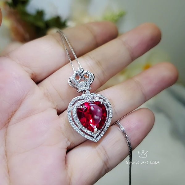 Large Halo Heart Ruby Necklace, Large Sterling Silver Royal Crown 7 CT Lab Created Red Ruby Pendant #811