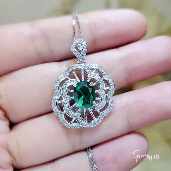 Large Gemstone Peony Emerald Necklace 2.1 CT Oval Cut Emerald Pendant 18KGP @ Sterling Silver #562