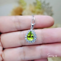 Genuine Teardrop Green Peridot Necklace Diamond Halo Pear Natural 2 CT Green Peridot Pendant Sterling Silver White Gold Plated Solitaire 390