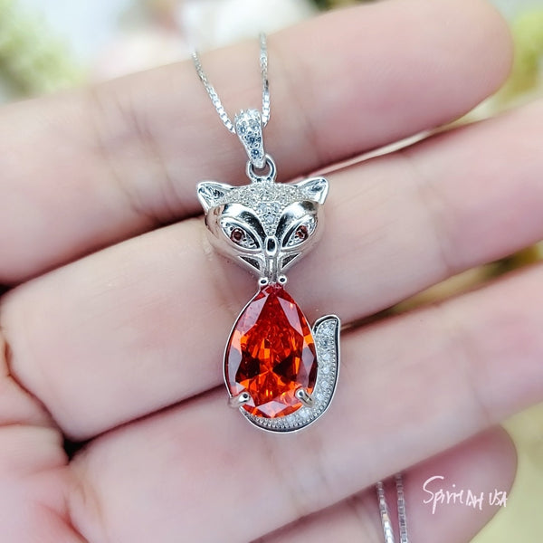 Fox Sunstone Necklace - 18KGP @ Sterling Silver Tangerine Sapphire Jewelry 2 CT Red Orange Sun stone Pendant #466