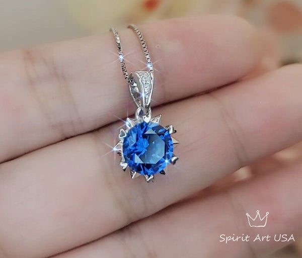 Gemstone Star Blue Sapphire Necklace, White Gold Sterling Silver 2.2 CT Blue Gemstone Sapphire Pendant Jewelry 099