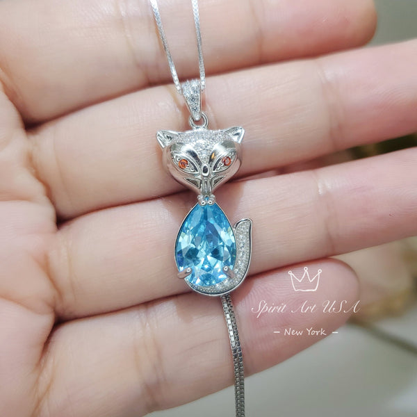 Aquamarine Necklace -Sterling Silver Fox Pendant - 2.5 CT Pendant Teardrop Pear Cut - Sky Blue - Aquamarine Jewelry - 18KGP #442
