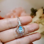 Geometric Aquamarine Necklace - Sterling Silver Triangle Diamond Teardrop 1.2 CT Blue Aquamarine Pendant - Tiny Dynamic Hexagon 18kgp