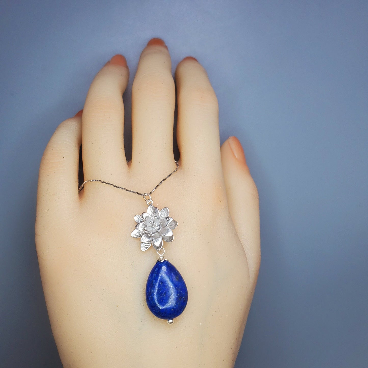 Lapis Lazuli Necklace Lotus Flower Jewelry Blue Lapis pendant sterling silver chunky stone jewelry #2536