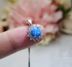 Tiny Blue Opal Necklace, Gemstone Sunflower Princess Diana Style Sterling Silver Halo 6 mm Blue Opal Pendant Jewelry #002