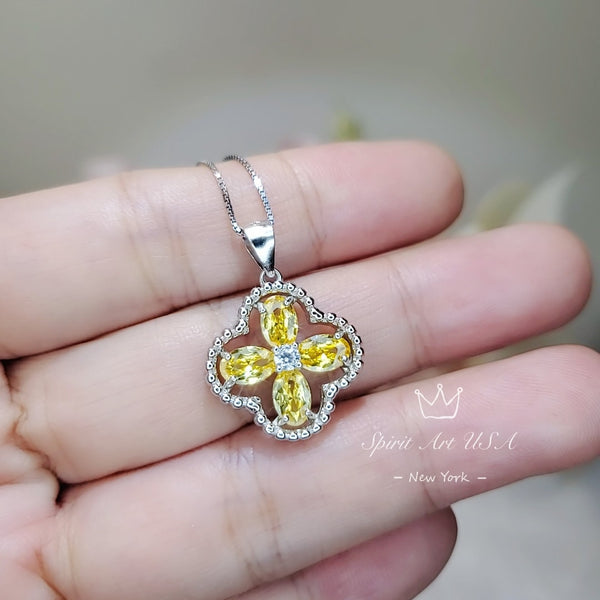Yellow CZ Necklace - Four Leaf Clover Gold Topaz Pendant - 18KGP @ Sterling Silver - Yellow Citrine Flower Jewelry