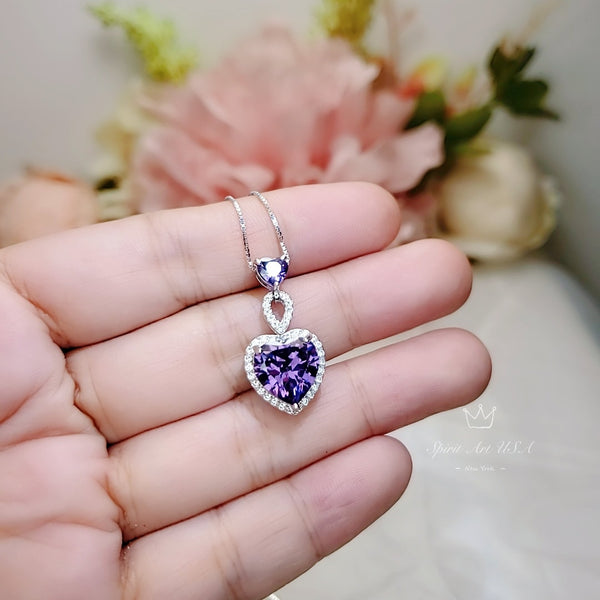 Double Natural Amethyst Heart Necklace - Full Sterling Silver Made February Birthstone Genuine Amethyst Pendant #927