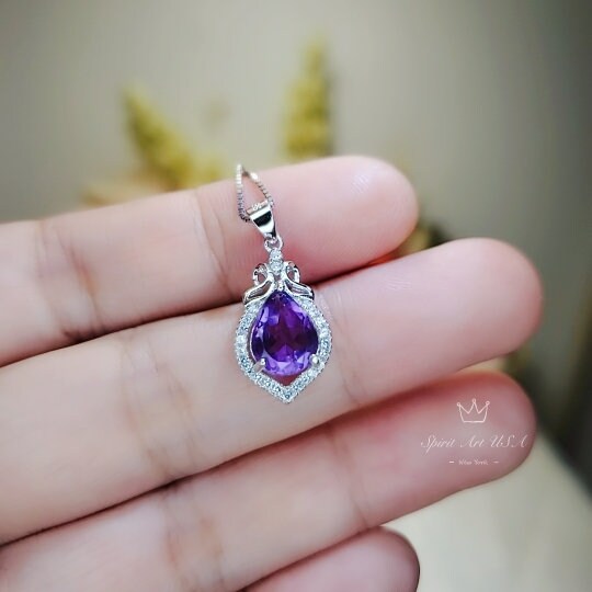 Natural Teardrop Amethyst Necklace - Sterling Silver Tiny Crown Chakra Healing - Purple Gemstone Jewelry February Birthstone #371