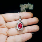 Large Ruby Necklace - Sterling Silver Teardrop Solitaire Gemstone Flower Petal Pear Ruby Pendant - Flower Feather Style #715