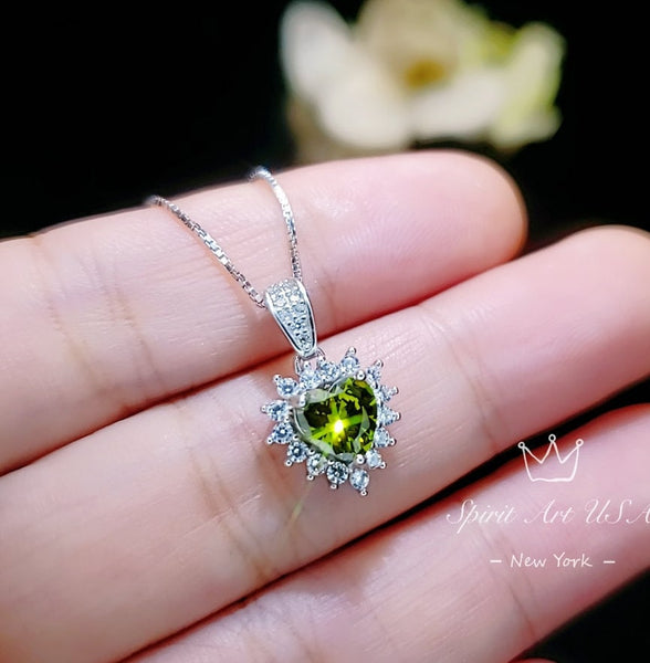 Super Tiny Green Peridot Necklace - Sterling Silver August Birthstone Halo Heart Peridot Jewelry #008