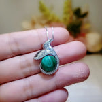 Natural Malachite Necklace - Sterling Silver White Gold Mermaid Pendant - Heart Chakra Healing Green Stone Jewelry #934